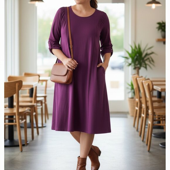 Susan Graver Purple Midi Dress Plus Size 3X A Line soft Knit Ruched Sleeve - Picture 1 of 11